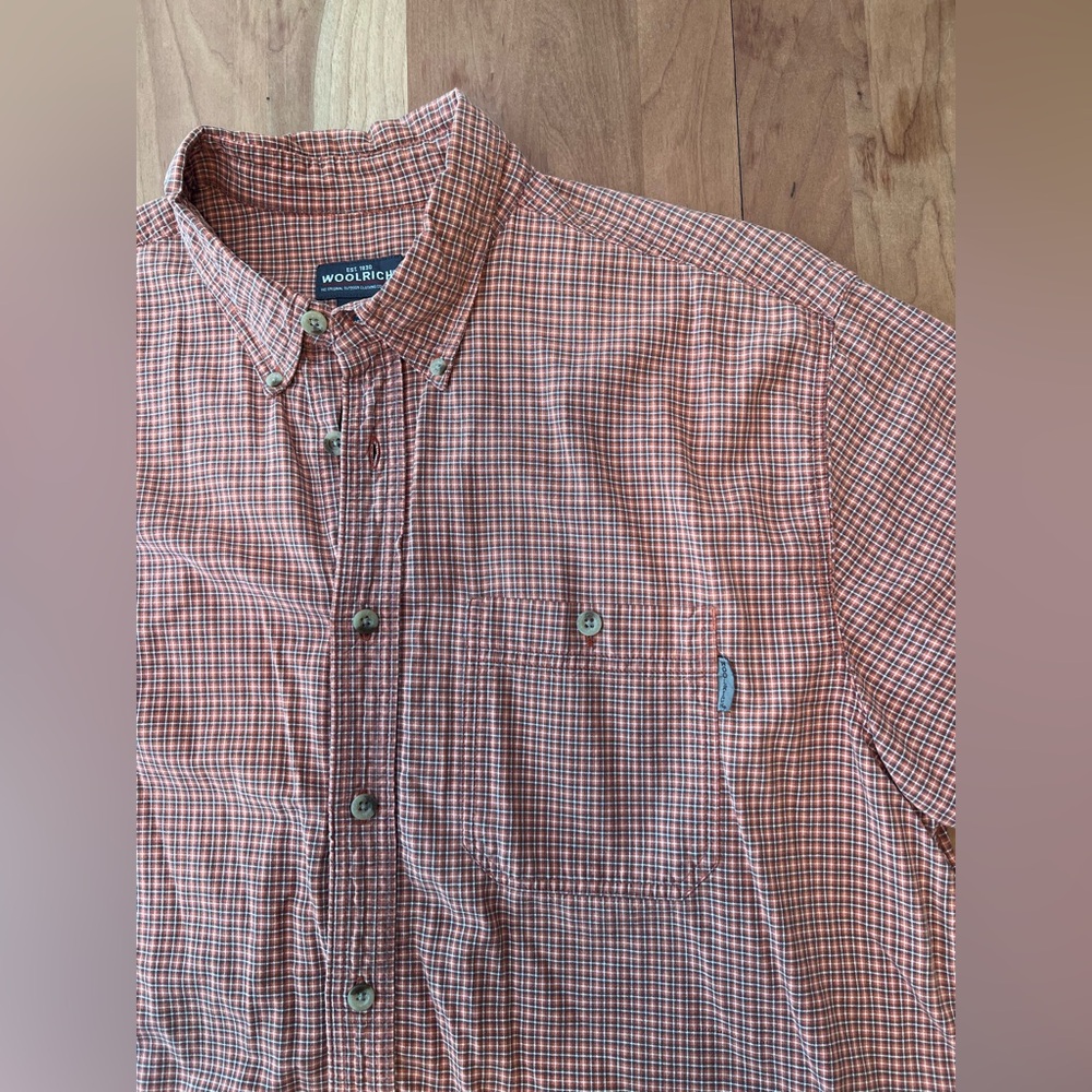 Woolrich Men’s Brown and Orange Plaid Button-Down Shirt